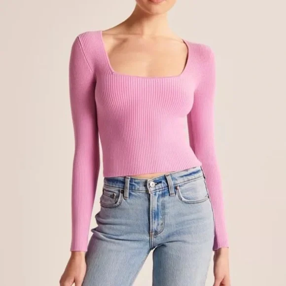 Abercrombie & Fitch Long Sleeve Ottoman Squareneck Top Pink - Picture 1 of 5